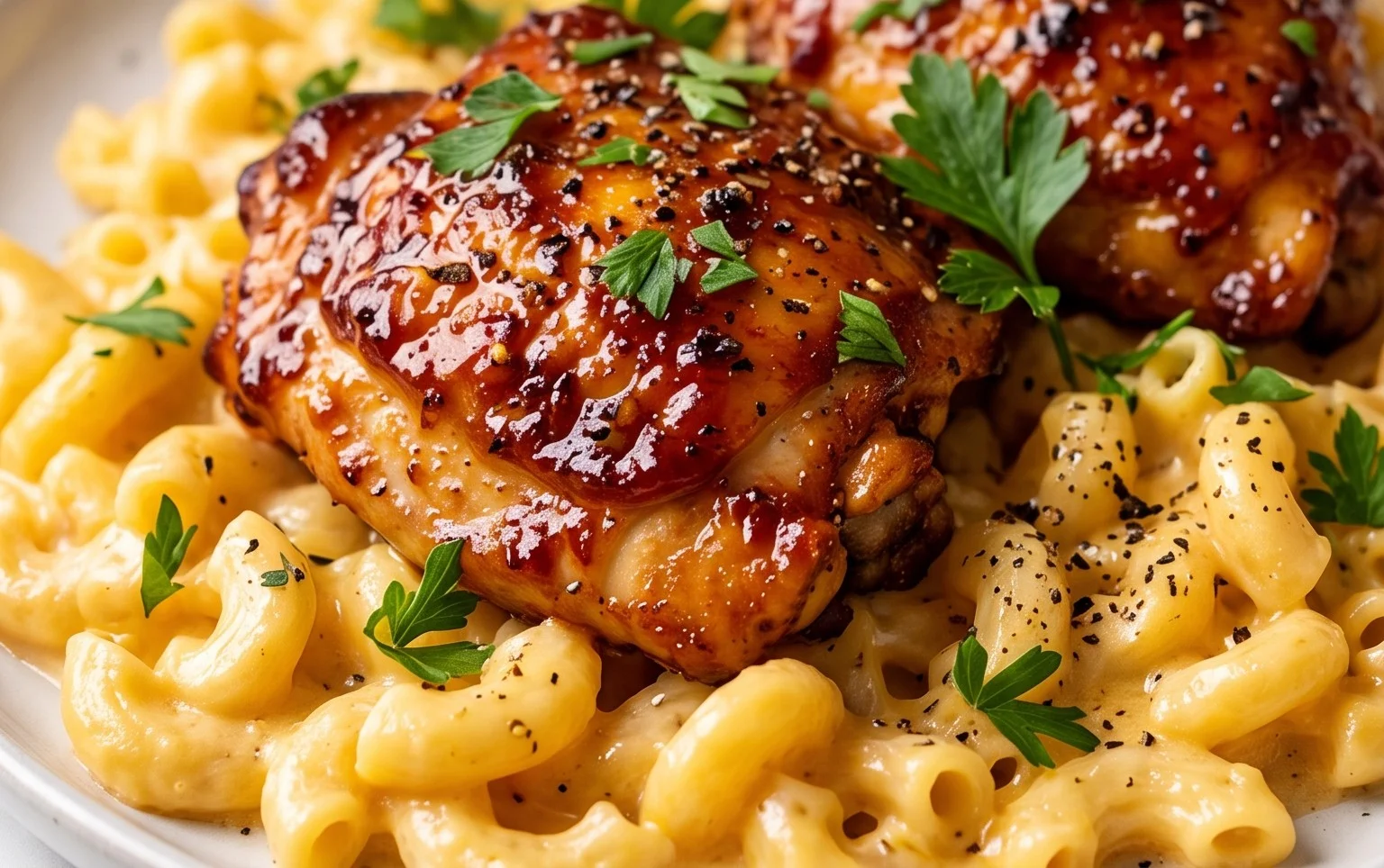 Sweet and Spicy Honey Pepper Chicken with Creamy Macaroni Cheese
